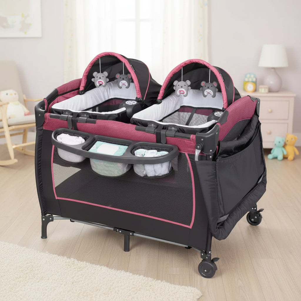 Baby Trend Lil Snooze Deluxe III Nursery Center Playard For Twins - Cozy Berry: Foam Mattress, Metal Frame, 30 lbs Capacity