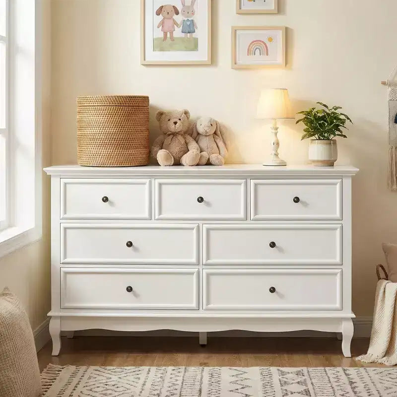 Cassettiera per camera da letto, cassettiera moderna a 7 cassetti con gambe in legno massello e finitura verniciata, ideale per la cameretta, il soggiorno, il corridoio