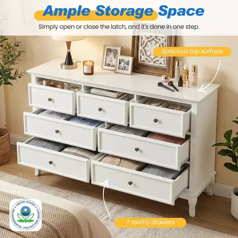 Cassettiera per camera da letto, cassettiera moderna a 7 cassetti con gambe in legno massello e finitura verniciata, ideale per la cameretta, il soggiorno, il corridoio