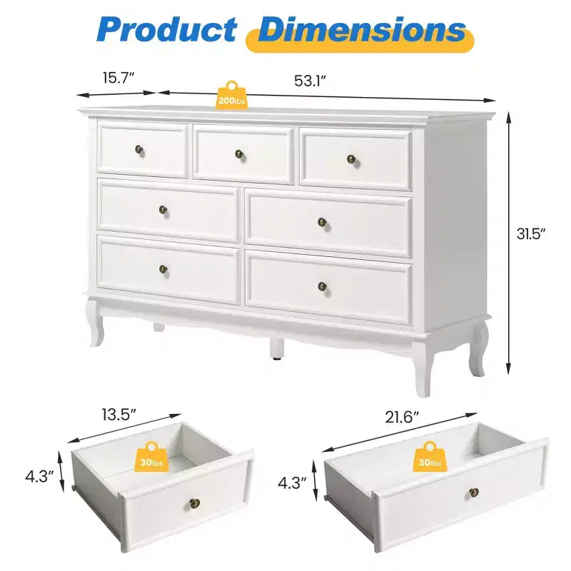 Cassettiera per camera da letto, cassettiera moderna a 7 cassetti con gambe in legno massello e finitura verniciata, ideale per la cameretta, il soggiorno, il corridoio