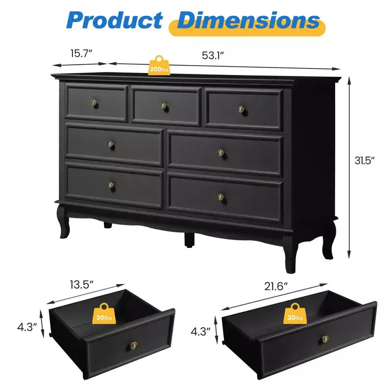 Cassettiera per camera da letto, cassettiera moderna a 7 cassetti con gambe in legno massello e finitura verniciata, ideale per la cameretta, il soggiorno, il corridoio