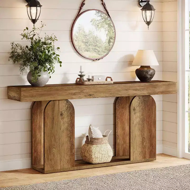 Tavolo da divano extra lungo da 180 cm, tavolo in legno a 2 ripiani da mettere dietro al divano per il soggiorno