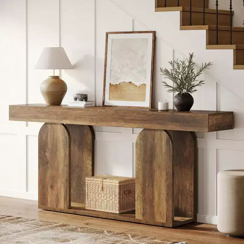 Tavolo da divano extra lungo da 180 cm, tavolo in legno a 2 ripiani da mettere dietro al divano per il soggiorno