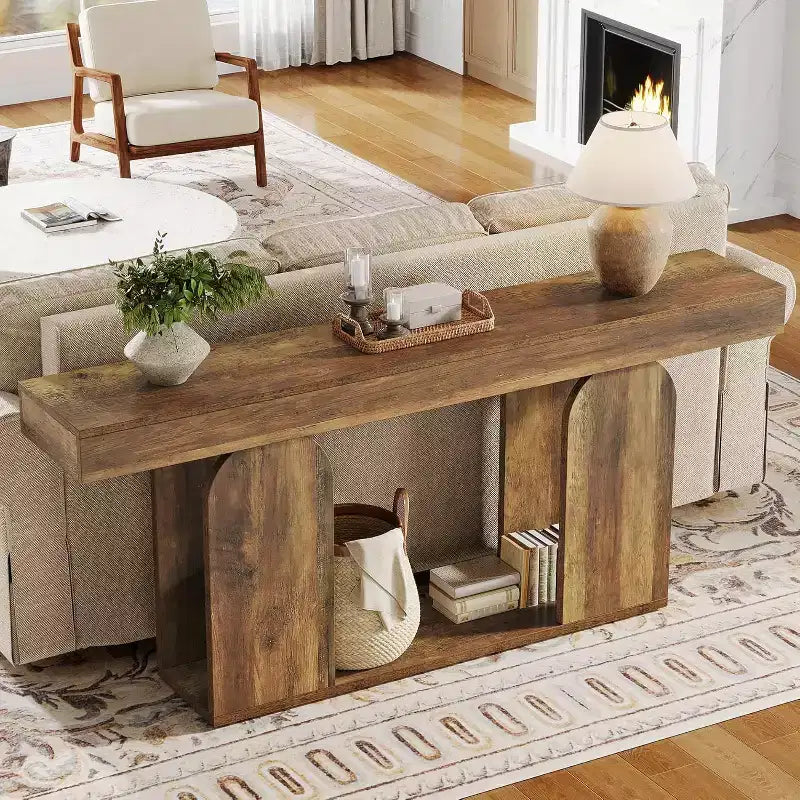 Tavolo da divano extra lungo da 180 cm, tavolo in legno a 2 ripiani da mettere dietro al divano per il soggiorno