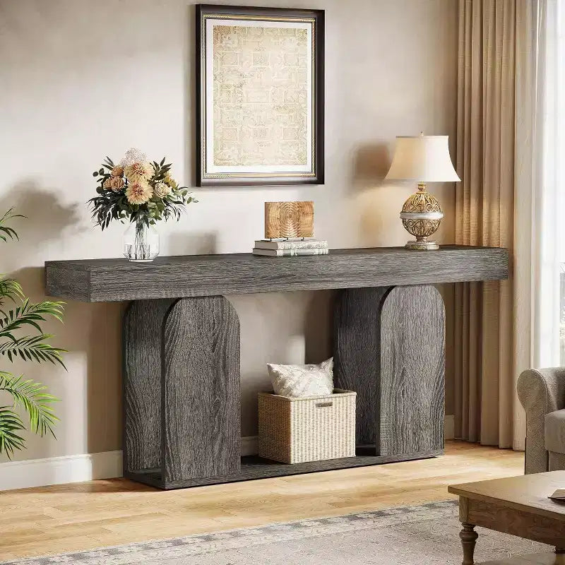 Tavolo da divano extra lungo da 180 cm, tavolo in legno a 2 ripiani da mettere dietro al divano per il soggiorno