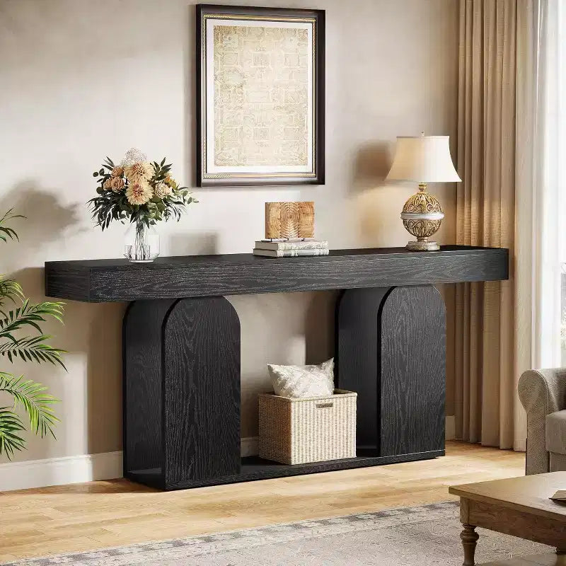Tavolo da divano extra lungo da 180 cm, tavolo in legno a 2 ripiani da mettere dietro al divano per il soggiorno
