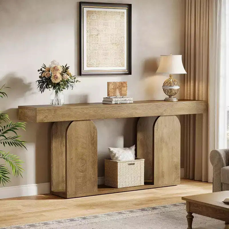 Tavolo da divano extra lungo da 180 cm, tavolo in legno a 2 ripiani da mettere dietro al divano per il soggiorno