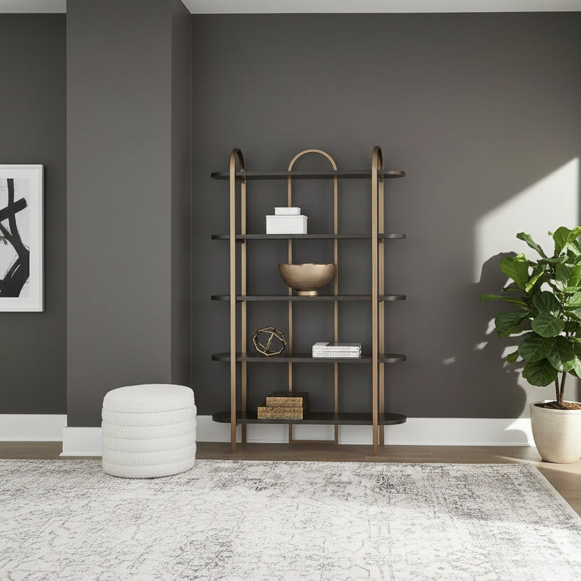 Libreria moderna 72'' con 5 ripiani - Legno marrone e struttura in metallo dorato