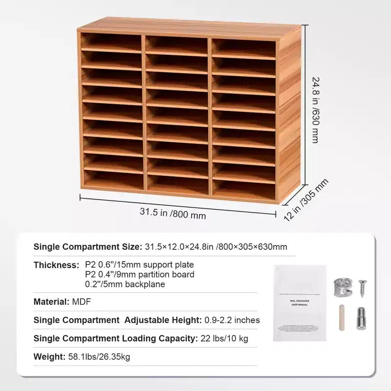 Organizzatore per documenti in legno a 27 scomparti, ripiani regolabili, centro posta in fibra di legno a media densità, archivio per ufficio casa scuola, bianco