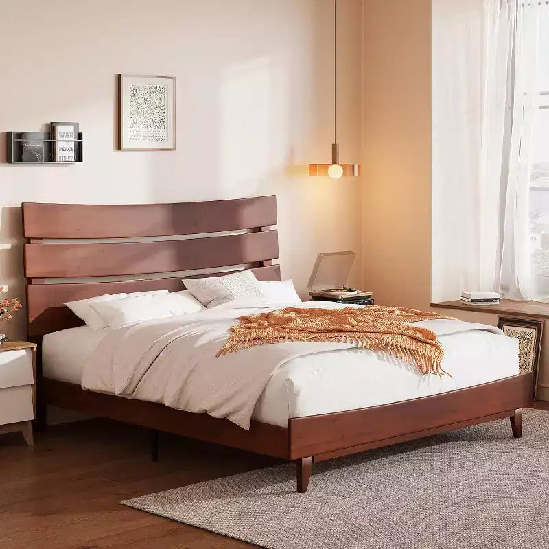 Telaio Letto in Legno Massello con Testiera, Nessuna Rete a Molle Necessaria, Facile Montaggio