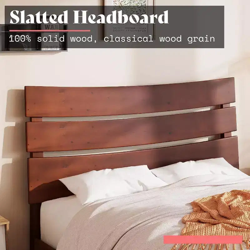 Telaio Letto in Legno Massello con Testiera, Nessuna Rete a Molle Necessaria, Facile Montaggio