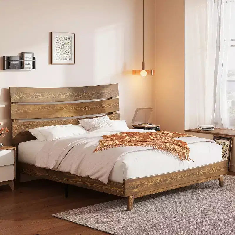 Telaio Letto in Legno Massello con Testiera, Nessuna Rete a Molle Necessaria, Facile Montaggio