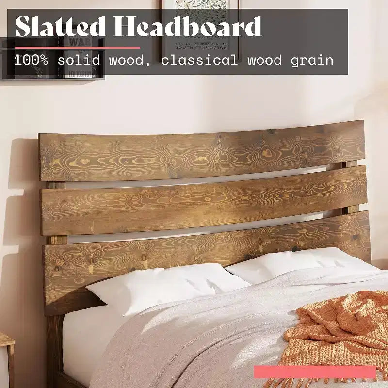 Telaio Letto in Legno Massello con Testiera, Nessuna Rete a Molle Necessaria, Facile Montaggio