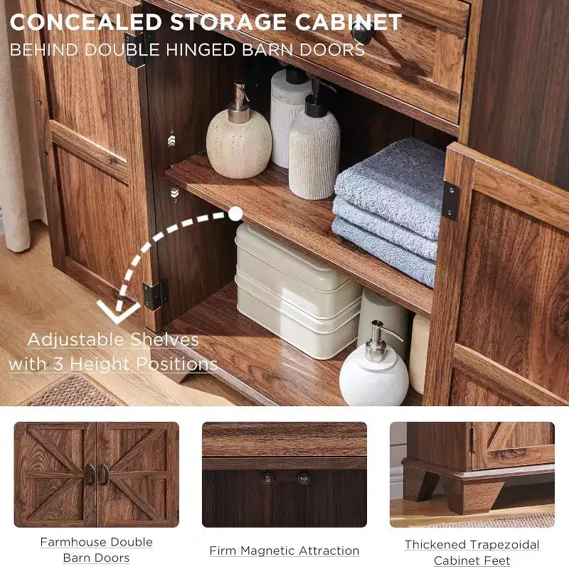Mobile alto 183 cm per bagno stile fattoria, con ripiani regolabili, porta scorrevole a granaio e 2 cassetti per bagno, soggiorno, cucina