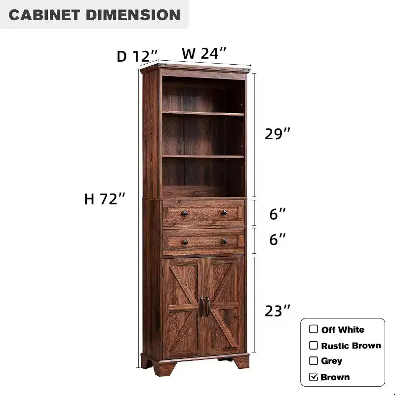 Mobile alto 183 cm per bagno stile fattoria, con ripiani regolabili, porta scorrevole a granaio e 2 cassetti per bagno, soggiorno, cucina
