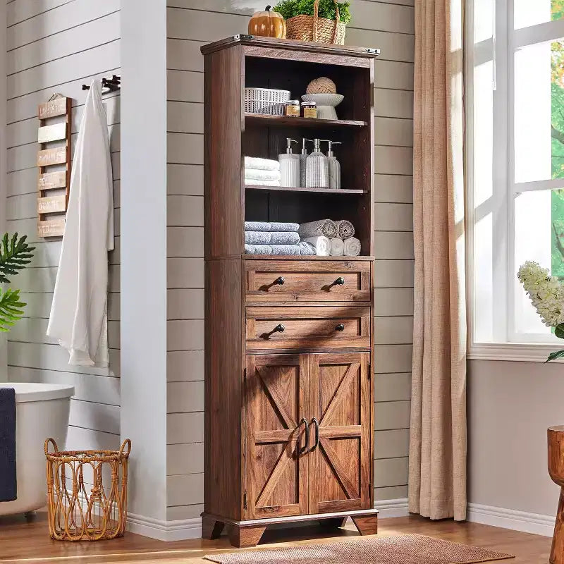 Mobile alto 183 cm per bagno stile fattoria, con ripiani regolabili, porta scorrevole a granaio e 2 cassetti per bagno, soggiorno, cucina