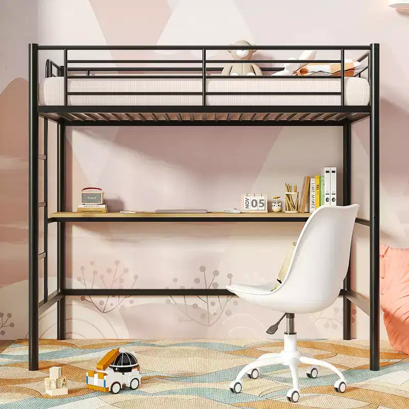 Letto a soppalco in metallo con scrivania, nero/bianco, a castello