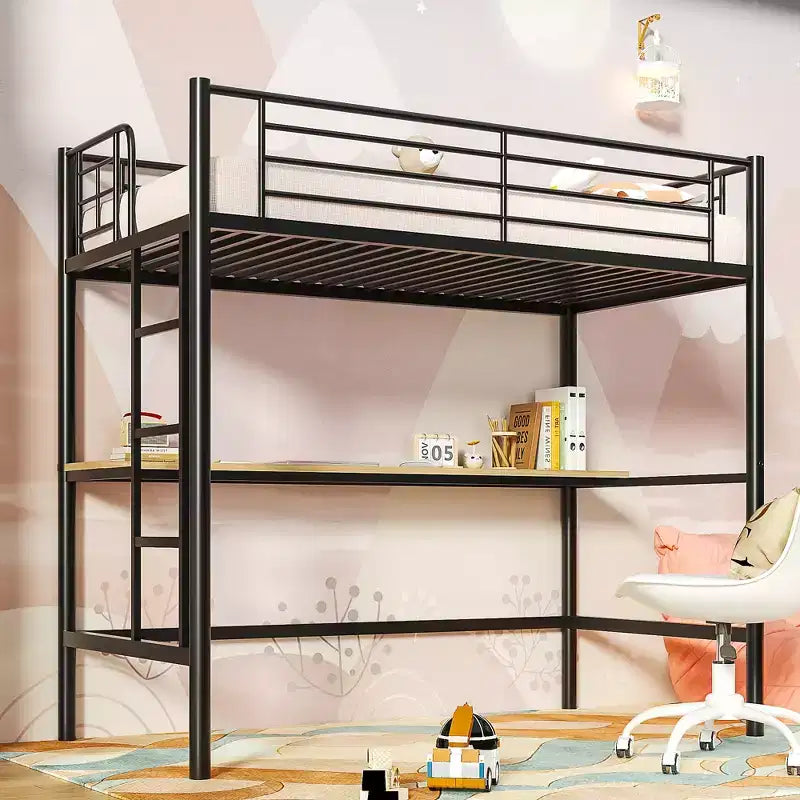 Letto a soppalco in metallo con scrivania, nero/bianco, a castello