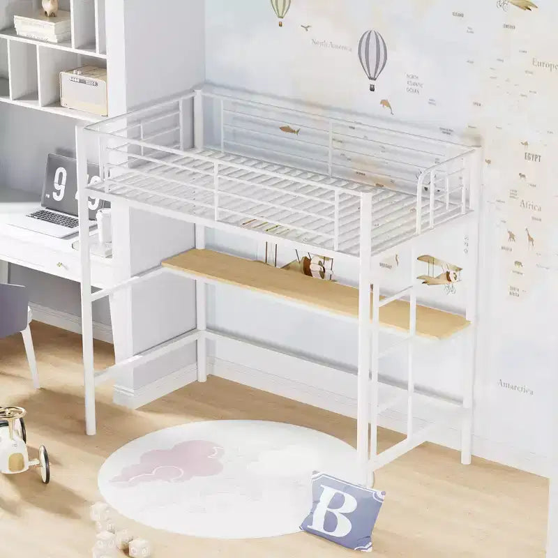 Letto a soppalco in metallo con scrivania, nero/bianco, a castello