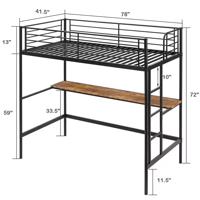 Letto a soppalco in metallo con scrivania, nero/bianco, a castello