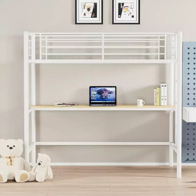 Letto a soppalco in metallo con scrivania, nero/bianco, a castello