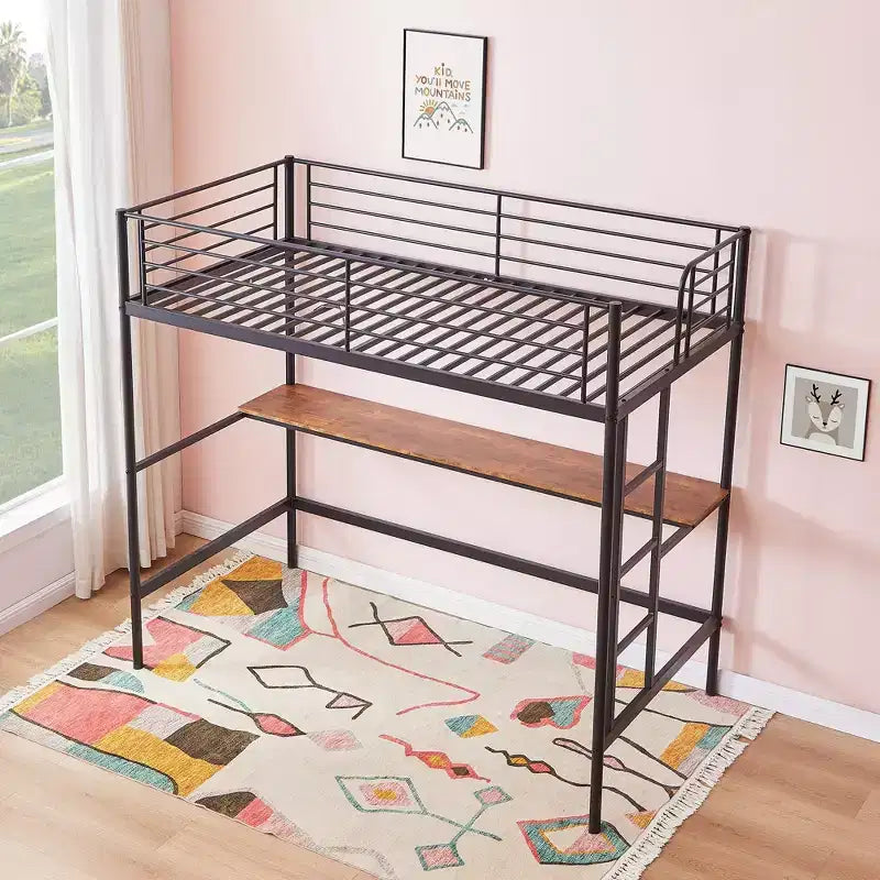 Letto a soppalco in metallo con scrivania, nero/bianco, a castello