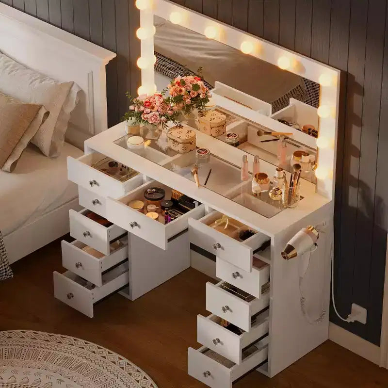 CuisinSmart Scrivania-Toeletta con Specchio, Luci LED e Presa di Corrente, Tavolo da Trucco con 7 Cassetti per Camera da Letto, Spogliatoio