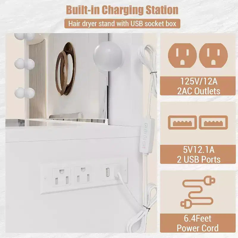 CuisinSmart Scrivania-Toeletta con Specchio, Luci LED e Presa di Corrente, Tavolo da Trucco con 7 Cassetti per Camera da Letto, Spogliatoio