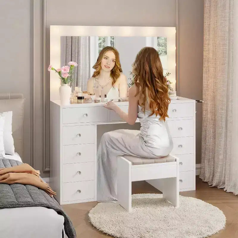 CuisinSmart Scrivania-Toeletta con Specchio, Luci LED e Presa di Corrente, Tavolo da Trucco con 7 Cassetti per Camera da Letto, Spogliatoio