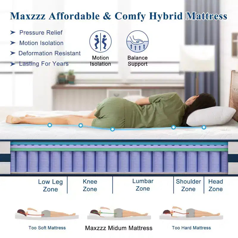 Materasso Ibrido Queen Size da 12 Pollici con Memory Foam Rinfrescante e Molle Insacchettate Singolarmente, Materasso di Lusso