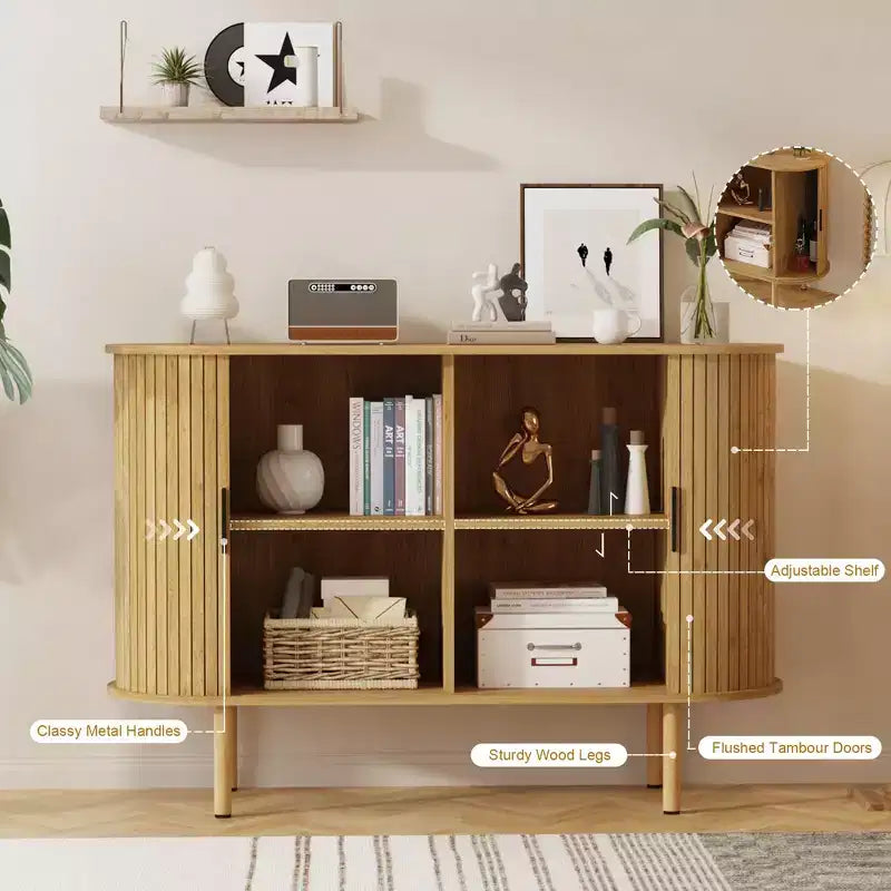 47 Credenza Buffet, Tre ripiani regolabili in altezza, Anta scorrevole, Mobiletto accentato moderno di metà secolo per cucina, soggiorno, ingresso
