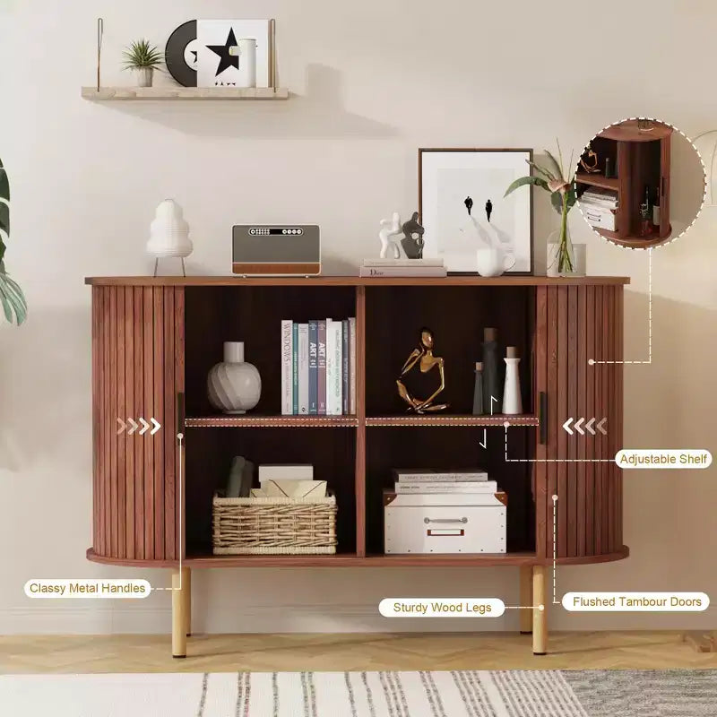 47 Credenza Buffet, Tre ripiani regolabili in altezza, Anta scorrevole, Mobiletto accentato moderno di metà secolo per cucina, soggiorno, ingresso