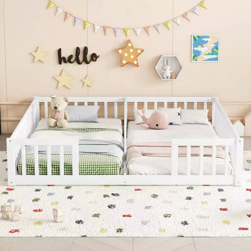 MAYEERTY Double Twin Floor Bed with Fence, Guaedrails, White