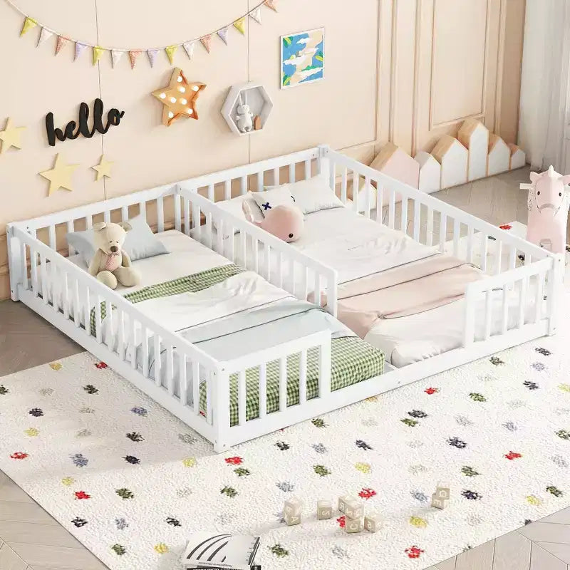 Letto a castello matrimoniale con recinzione, sponde di protezione, bianco