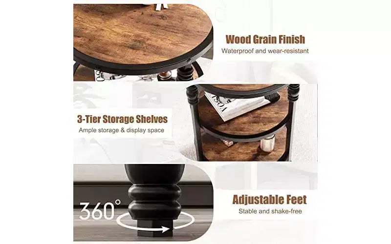 Tavolino rotondo a 3 livelli, tavolino con ripiani aperti in stile moderno di metà secolo, comodino con struttura in metallo per camera da letto, soggiorno, ingresso (45,7x45,7x61 cm)