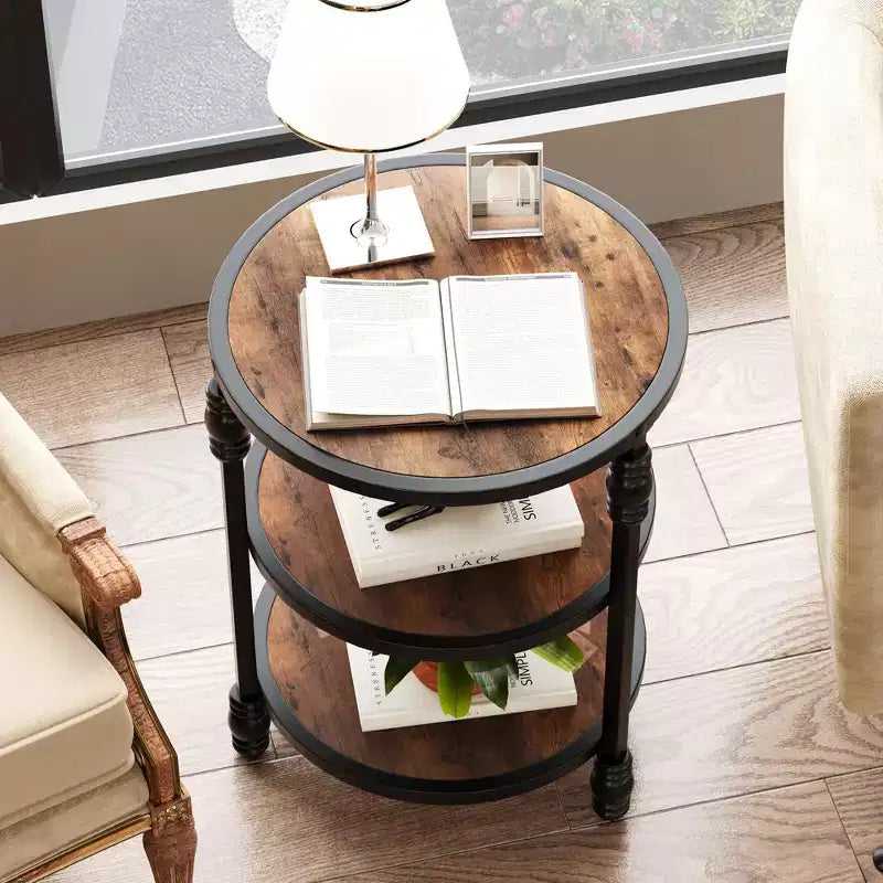 Tavolino rotondo a 3 livelli, tavolino con ripiani aperti in stile moderno di metà secolo, comodino con struttura in metallo per camera da letto, soggiorno, ingresso (45,7x45,7x61 cm)