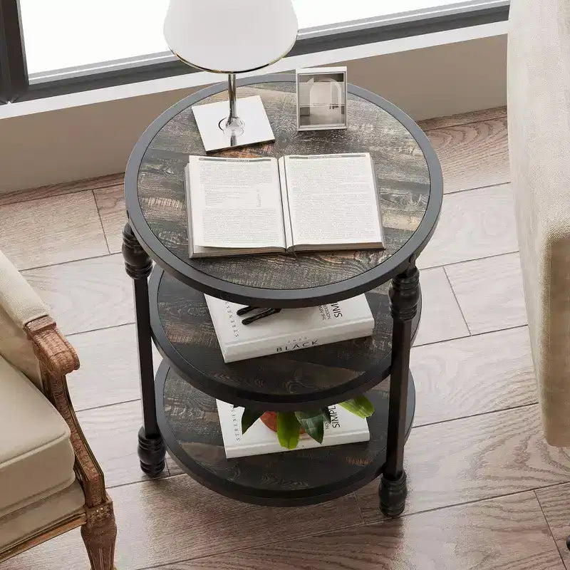 Tavolino rotondo a 3 livelli, tavolino con ripiani aperti in stile moderno di metà secolo, comodino con struttura in metallo per camera da letto, soggiorno, ingresso (45,7x45,7x61 cm)