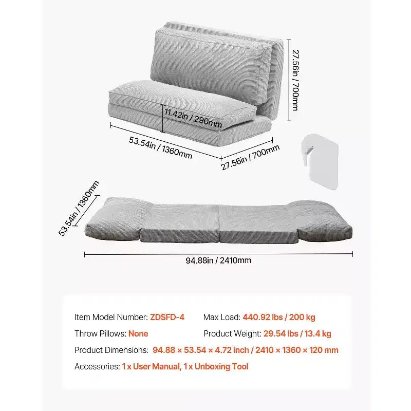 Divano Letto Pieghevole, Divano Letto Pieghevole 3-in-1 con Rivestimento Lavabile, Poltrona Letto Trasformabile in Memory Foam ad Alta Densità 25D, Grigio Chiaro (Full)