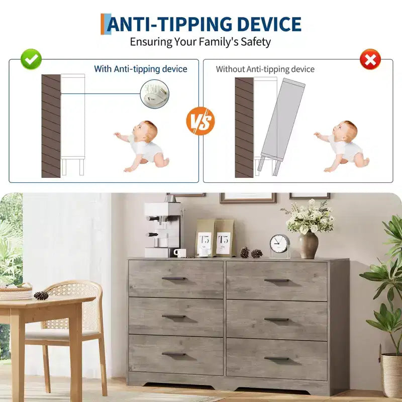 Comò per camera da letto, Comò moderno a 6 cassetti per camera da letto, Ampio cassettone in legno con maniglie in metallo per ingresso, corridoio, soggiorno