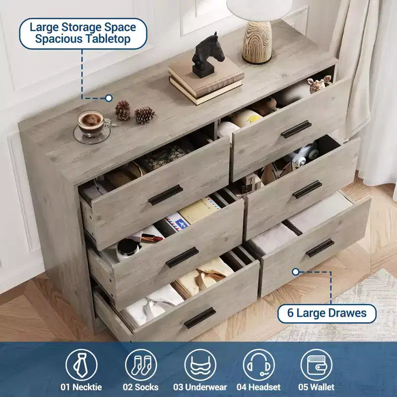 Comò per camera da letto, Comò moderno a 6 cassetti per camera da letto, Ampio cassettone in legno con maniglie in metallo per ingresso, corridoio, soggiorno