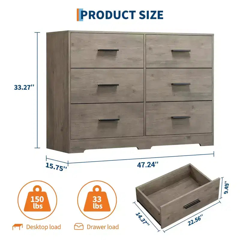 Comò per camera da letto, Comò moderno a 6 cassetti per camera da letto, Ampio cassettone in legno con maniglie in metallo per ingresso, corridoio, soggiorno