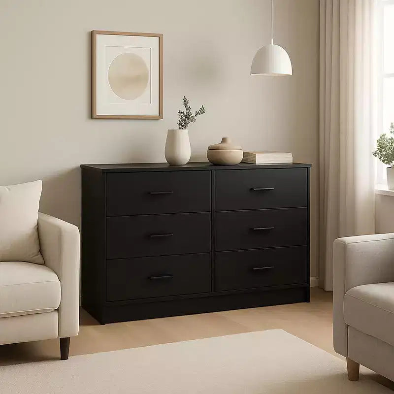 Comò per camera da letto, Comò moderno a 6 cassetti per camera da letto, Ampio cassettone in legno con maniglie in metallo per ingresso, corridoio, soggiorno