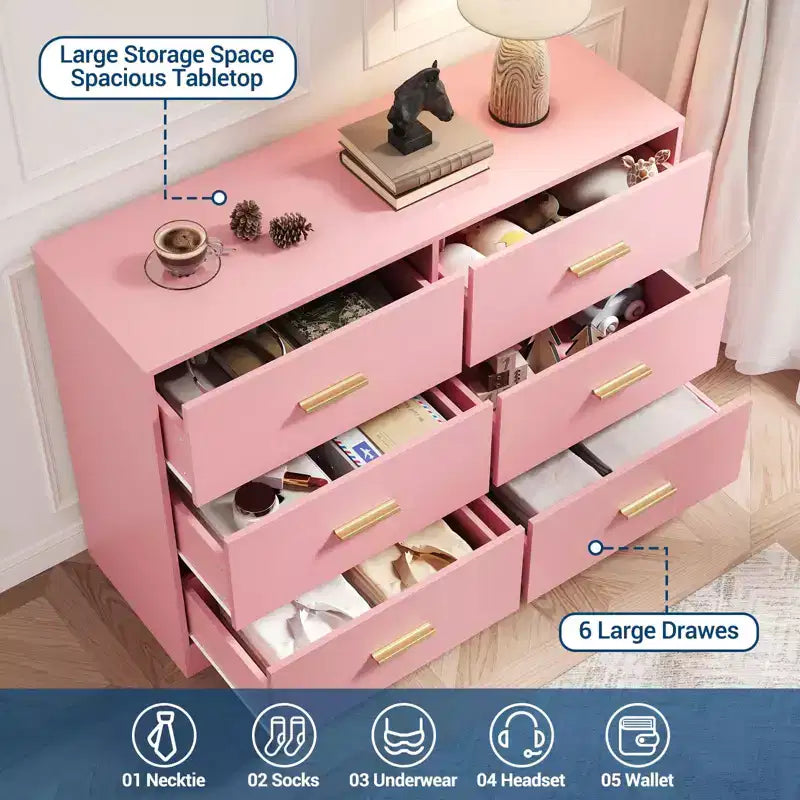 Comò per camera da letto, Comò moderno a 6 cassetti per camera da letto, Ampio cassettone in legno con maniglie in metallo per ingresso, corridoio, soggiorno