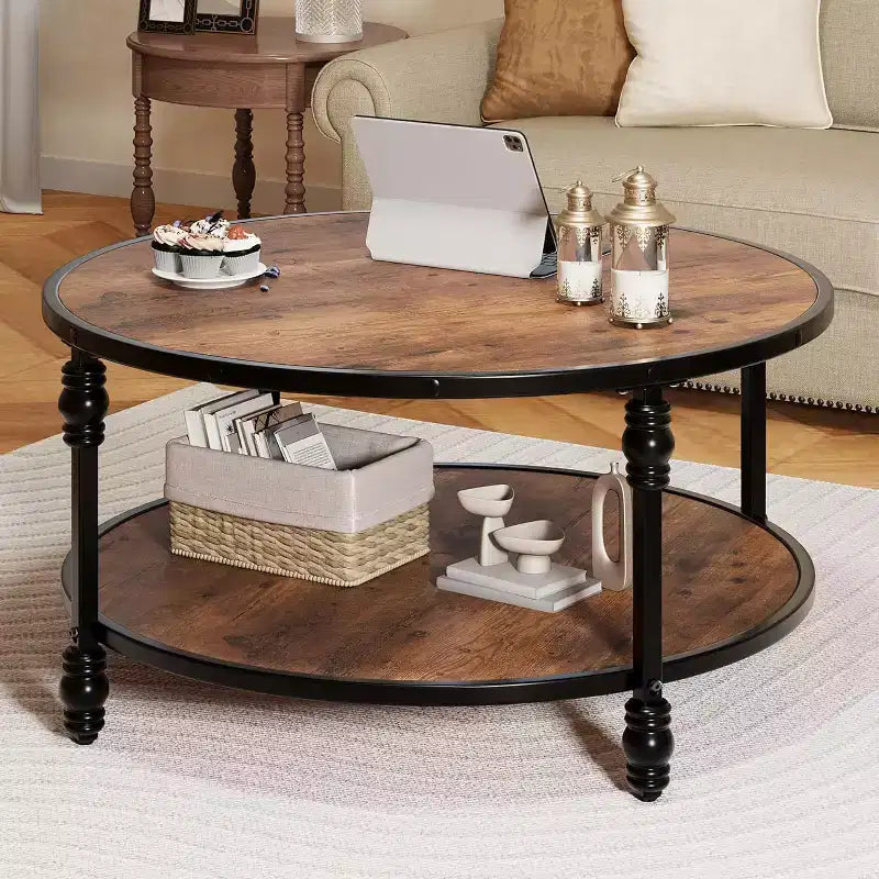 Round Coffee Table for Living Room Rustic Center Table with Storage Shelf Wood Circle Coffee Table with Sturdy Metal Legs, Easy Assembly