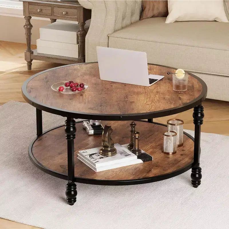 Tavolino da caffè rotondo per soggiorno, tavolino centrale rustico con ripiano portaoggetti, tavolino da caffè circolare in legno con robuste gambe in metallo, facile da montare