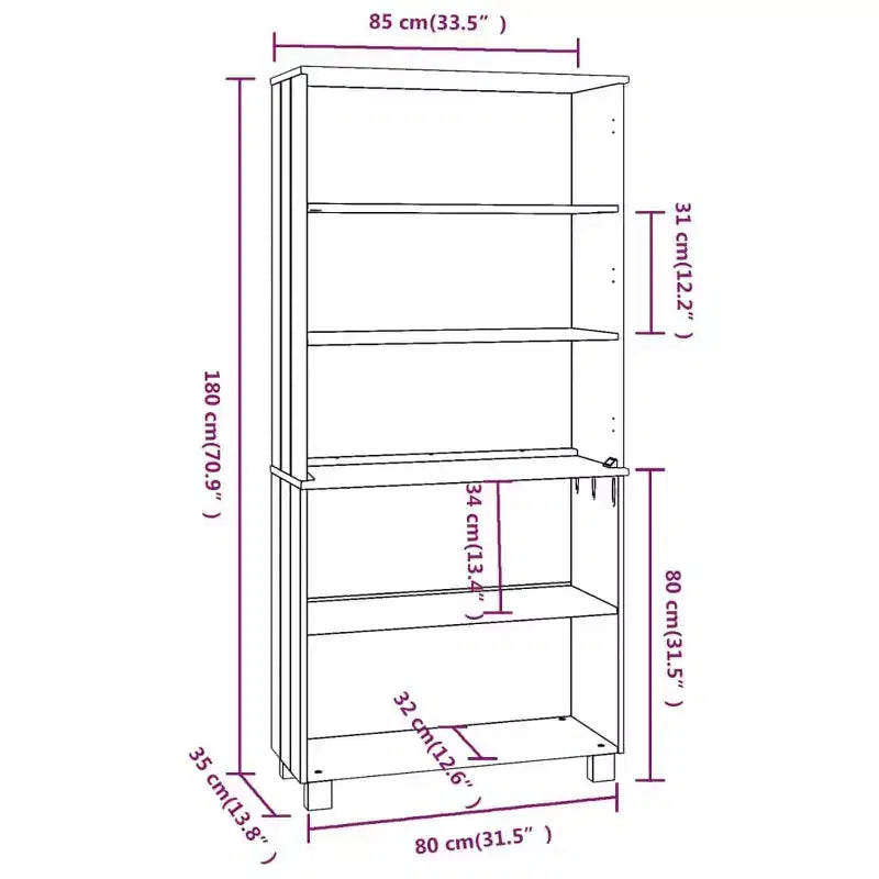 Credenza alta HAMAR in legno massello di pino color miele, robusta credenza con ampio spazio di archiviazione