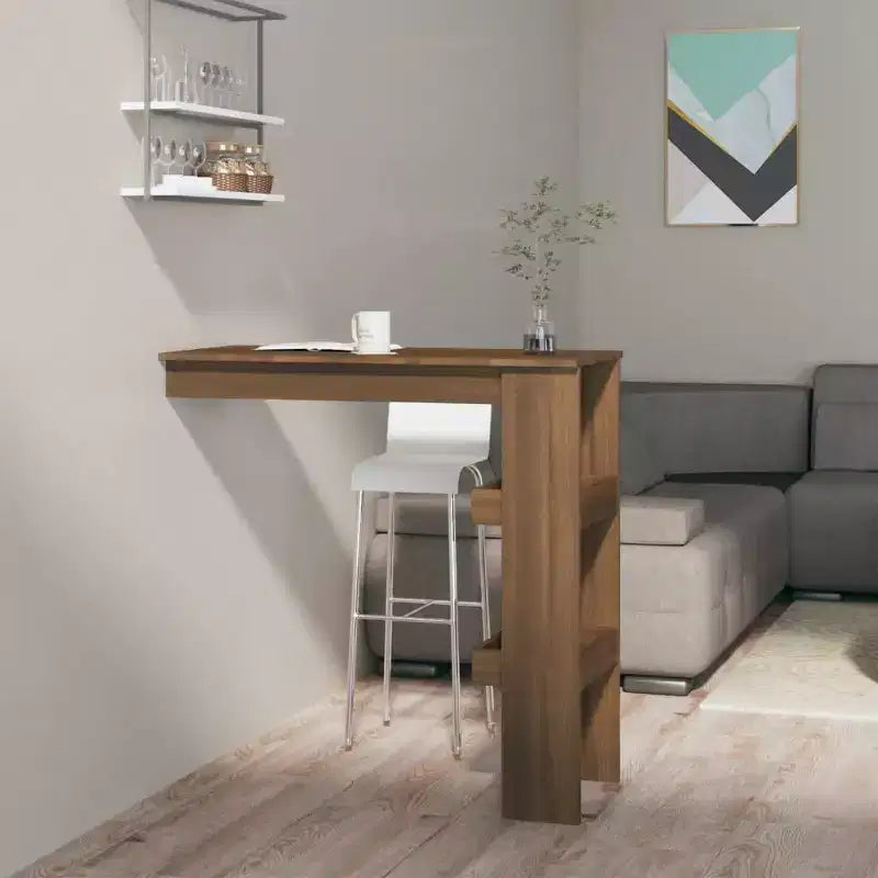 Tavolo da bar a parete in rovere marrone - Tavolo da bar in legno ingegnerizzato stile moderno con due scomparti - Durevole, resistente - Richiede montaggio