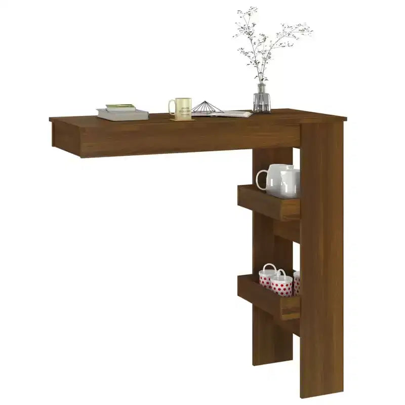 Tavolo da bar a parete in rovere marrone - Tavolo da bar in legno ingegnerizzato stile moderno con due scomparti - Durevole, resistente - Richiede montaggio
