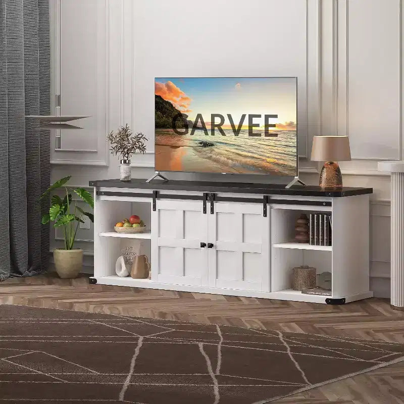 70 Farmhouse TV Stand, Entertainment Center and Media with Sliding Barn Doors & Storage Cabinets