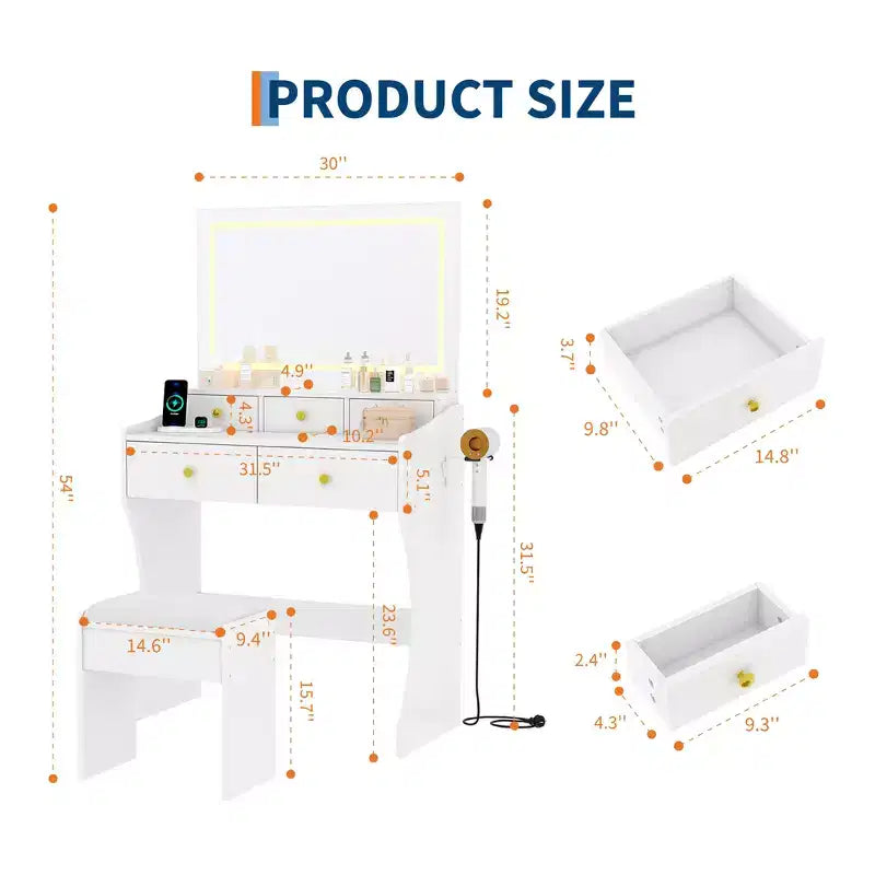 Tavolo da Trucco con Specchio e Sedia, 5 Cassetti, Supporto per Asciugacapelli, Sgabello Imbottito per Camera da Letto